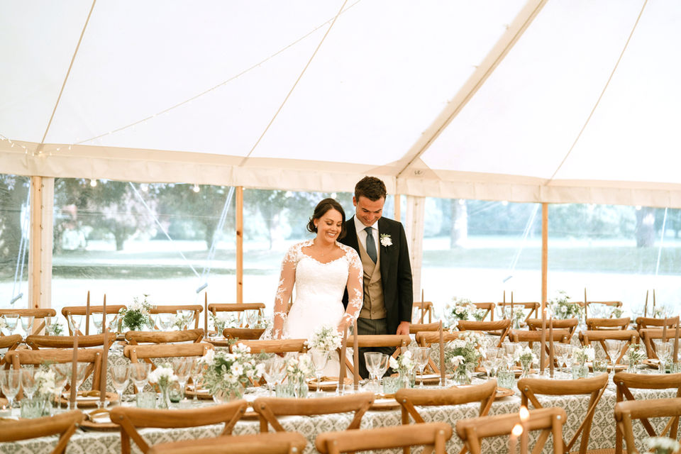 Couple in hire marquee on their wedding day Midlands
