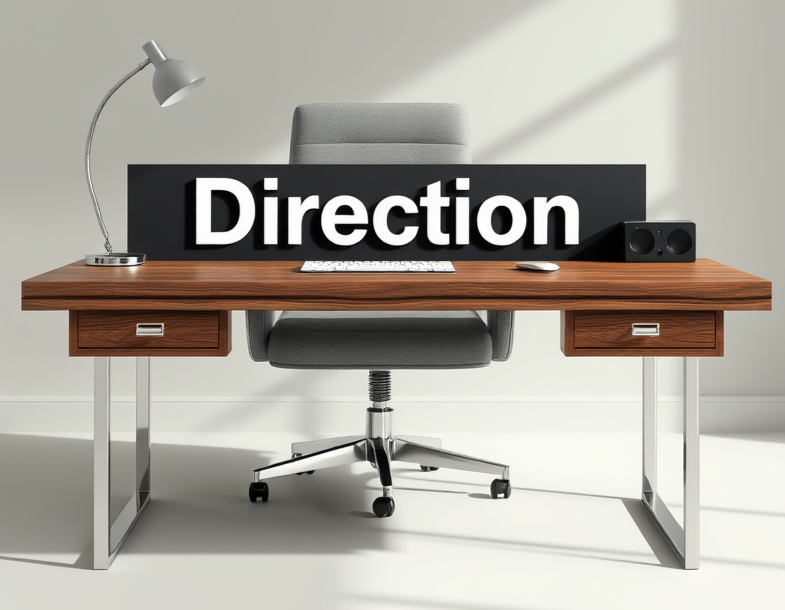 a desk  with  the name direction and behind an armchair.jpg