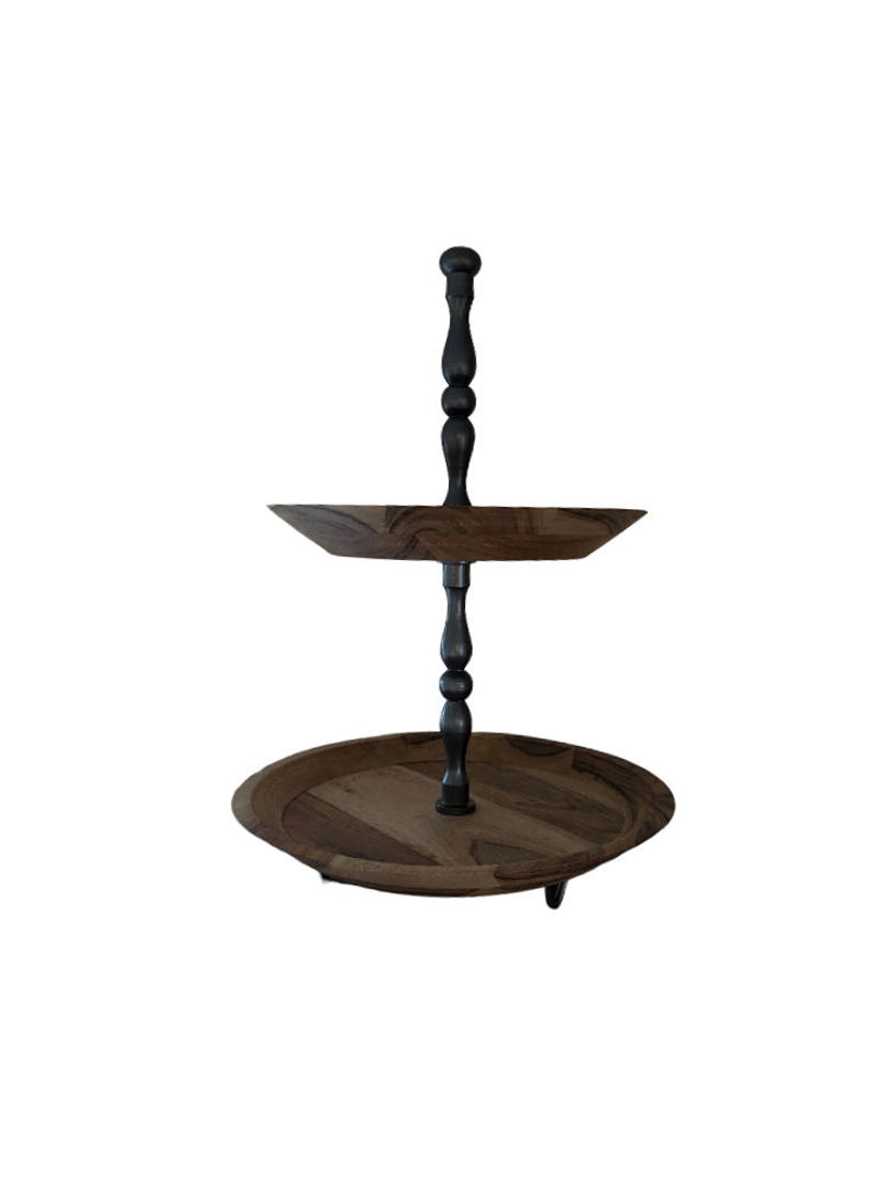 Tiered tray - 2 tier, wood tray, metal support 