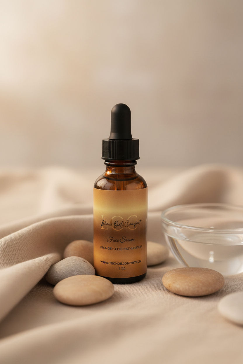 Close-up view of a bottle of lotion oil with natural ingredients