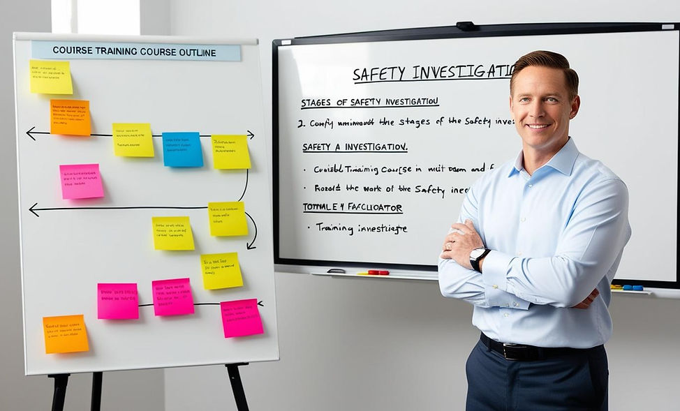 Facilitator running a safety investigation training course standing in front of a white bo