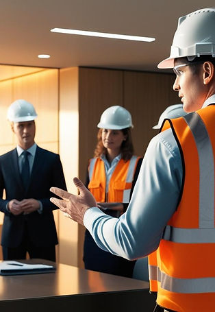 Investigator with hard hat on and sign visibility orange vest conducting a meeting in an o