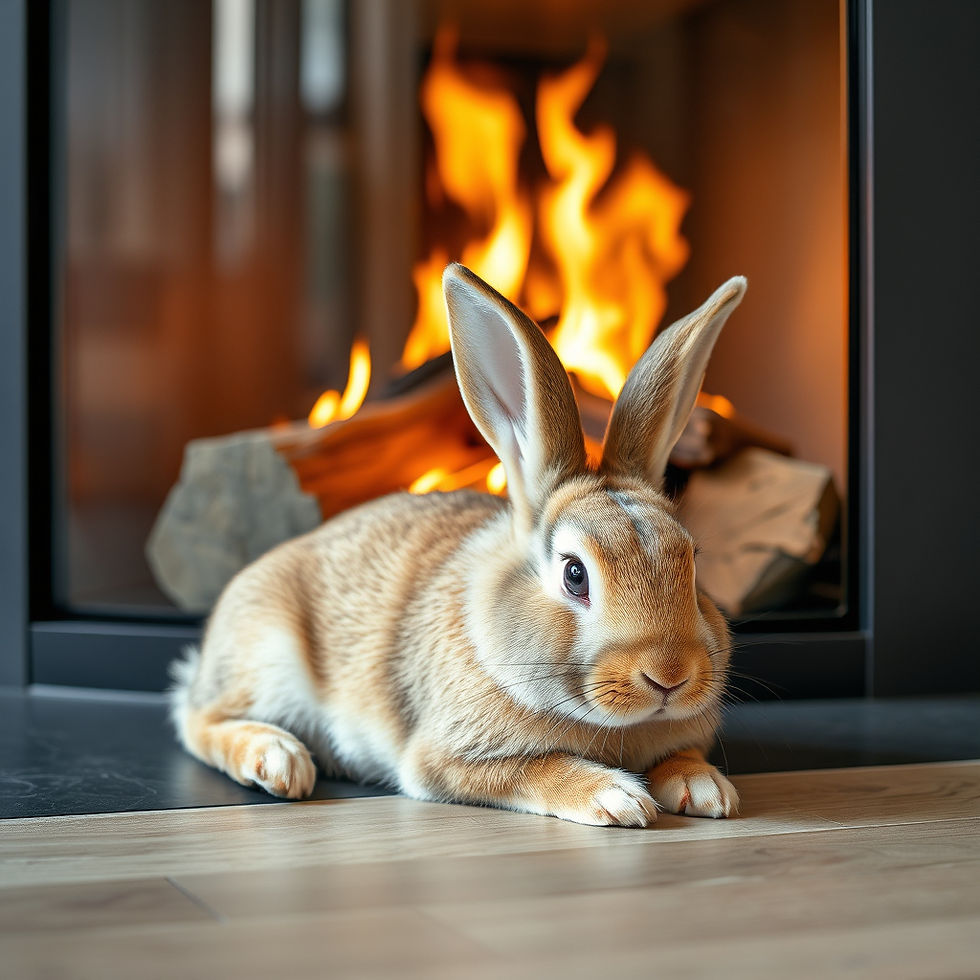 bunny rabbit by the side of a modern fireplace laid down.jpg