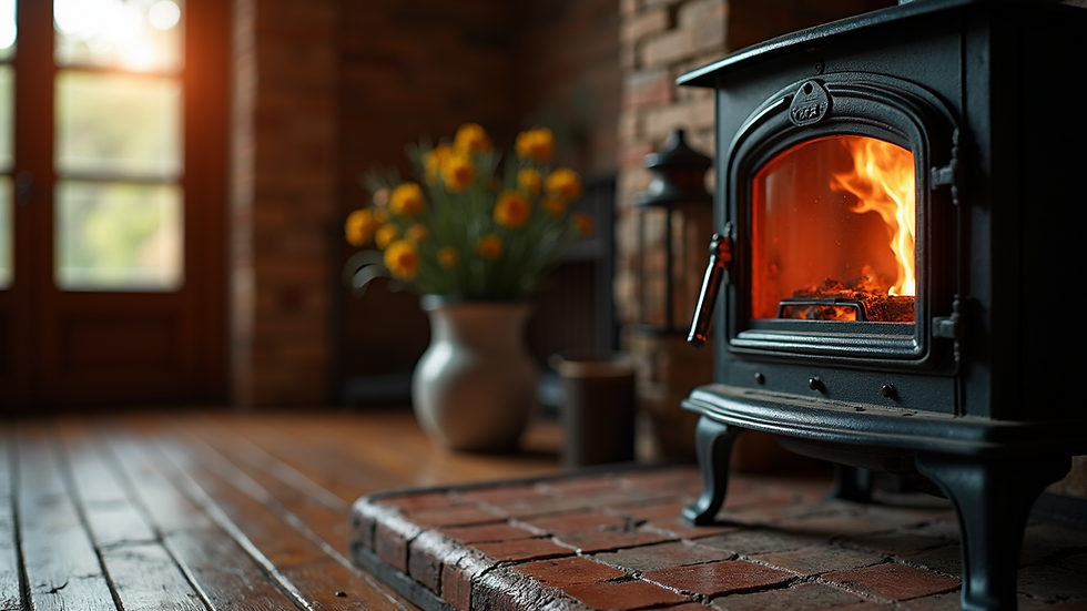 Close-up view of a cast iron wood stove with a tiled hearth