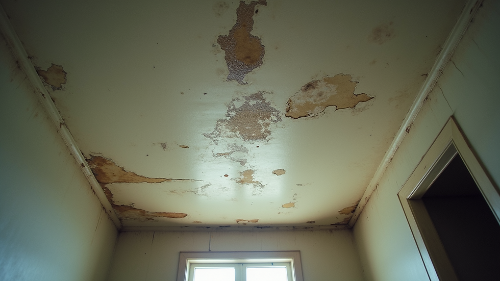 Eye-level view of a damaged ceiling with water stains