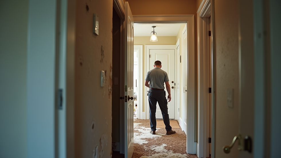Eye-level view of a public adjuster inspecting home damage