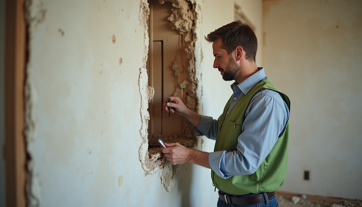 Eye-level view of a damaged residential wall with exposed wiring and broken drywall