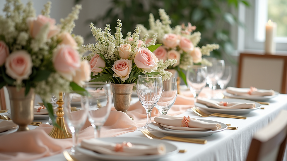 Wide angle view of a beautifully decorated bridal shower table
