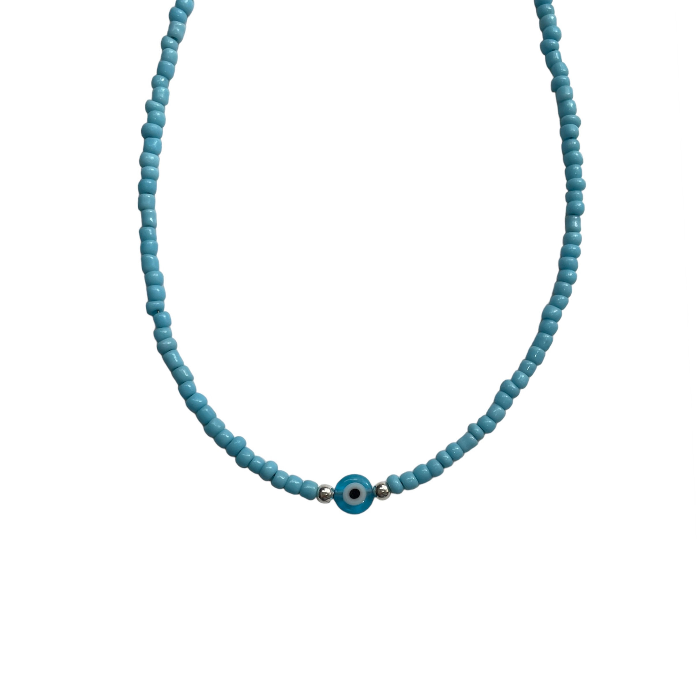 Beaded Evil Eye Necklace Necklace - Blue / White