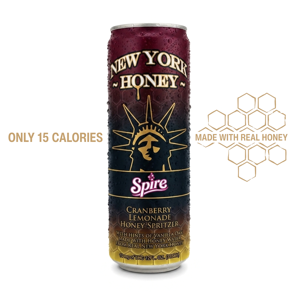 New York Honey Spire Honey Spritzer can with cranberry lemonade flavor, gold accents, and water droplets.