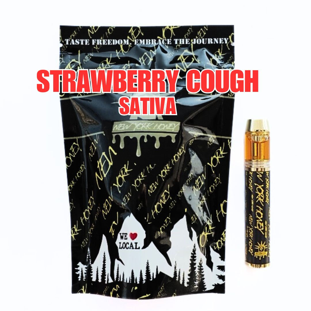 New York Honey black bag with gold logo and red “Strawberry Cough Sativa” text, vape cartridge shown.