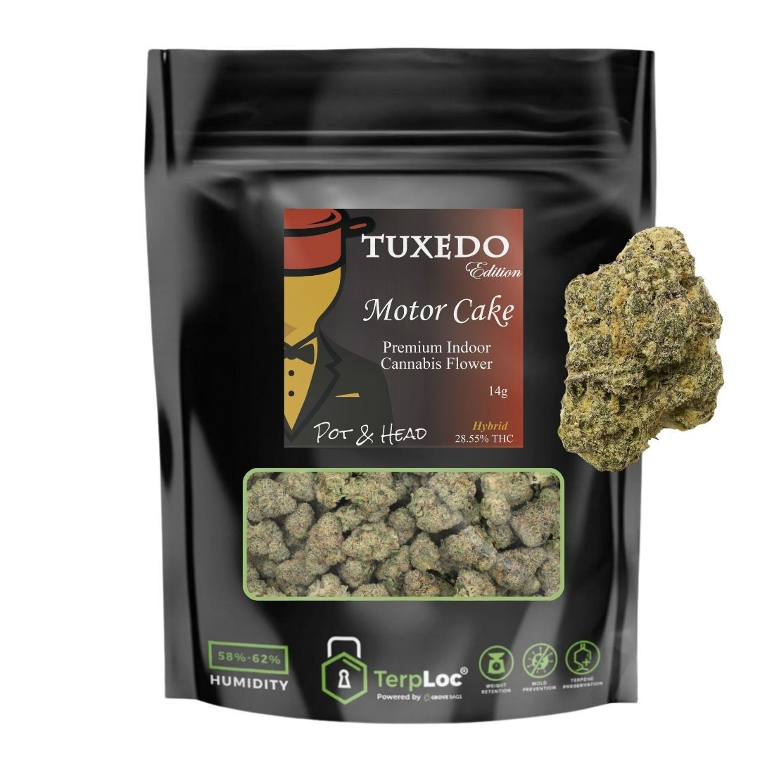 Motor Cake cannabis flower in black TerpLoc bag with frosty hybrid buds.