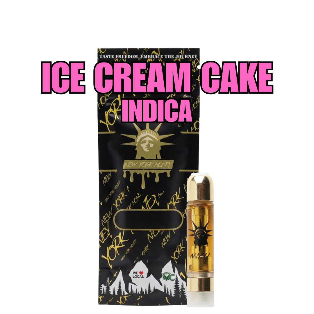 New York Honey Ice Cream Cake indica 510 vape cartridge displayed with branded black and gold packaging