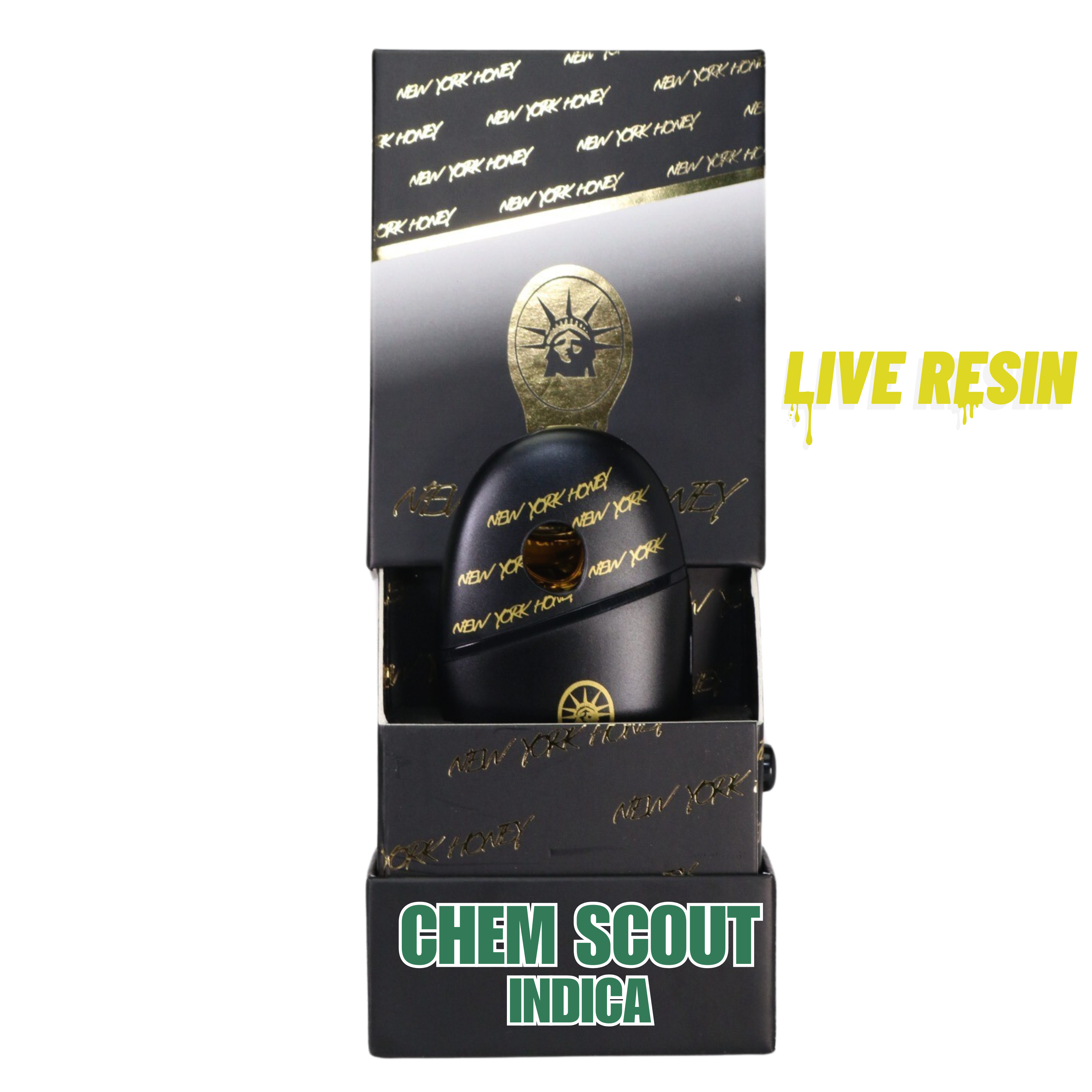 New York Honey 1G Live Resin vape in Chem Scout, an indica strain. Black and gold device in stylish branded packaging.
