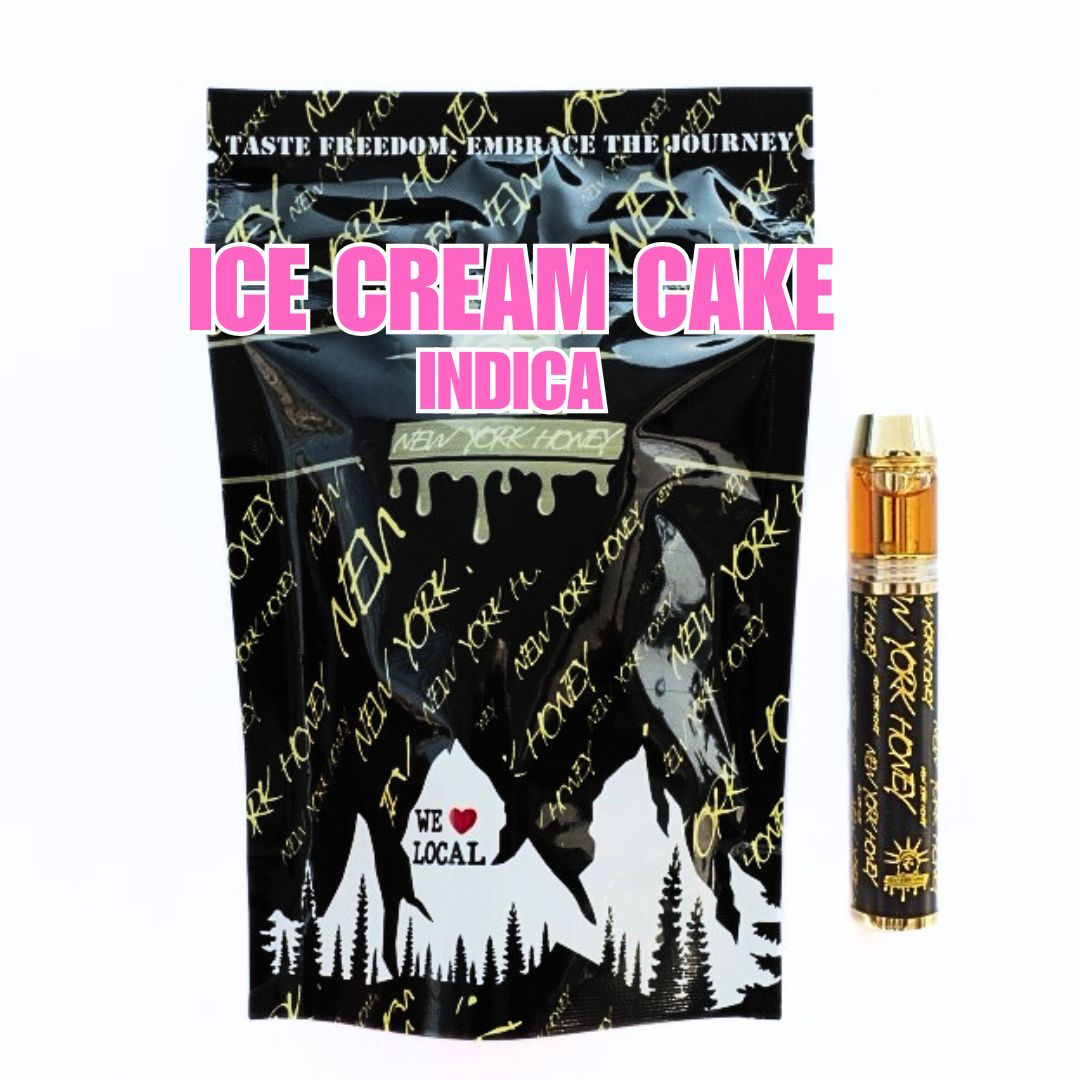New York Honey black bag with gold logo and pink “Ice Cream Cake Indica” text, vape cartridge shown.