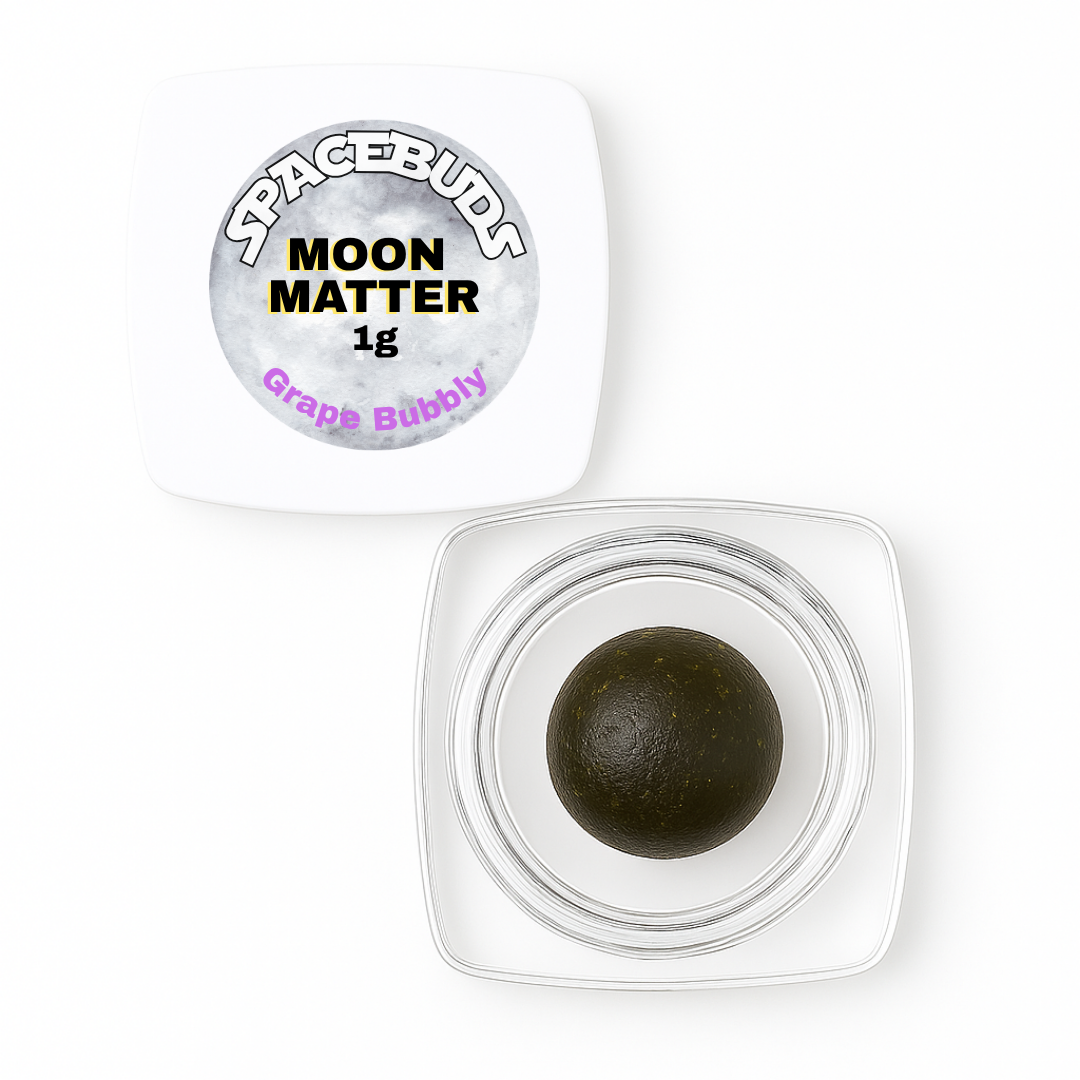 Spacebuds Moon Matter Grape Bubbly 1g dark green concentrate ball in clear jar with white lid.