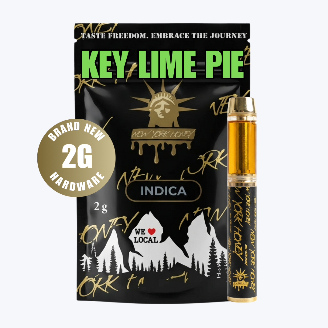 New York Honey 2g AIO Key Lime Pie indica disposable vape pen shown with black and gold branded pouch on white background