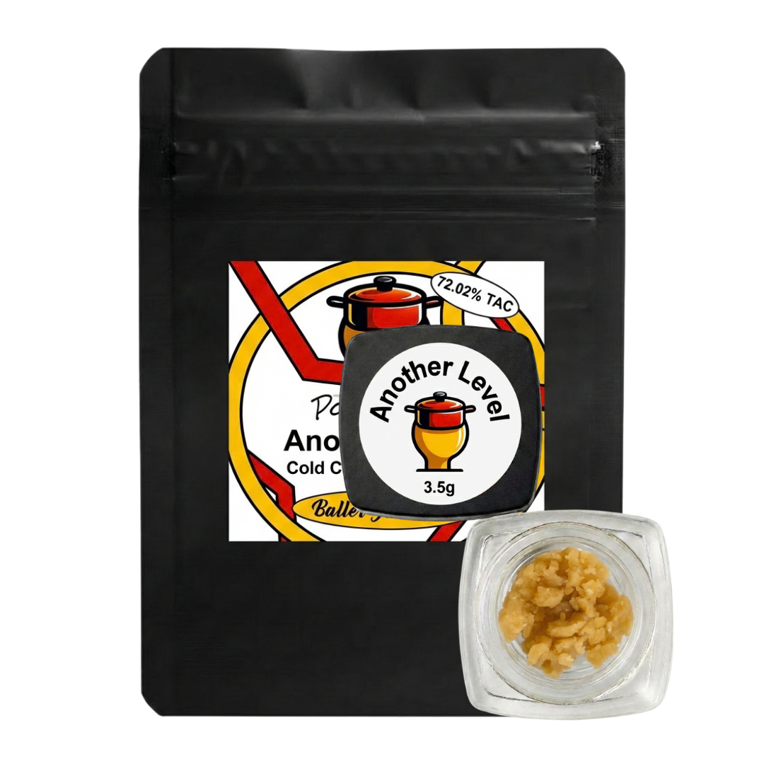 Black Pot & Head pouch with Another Level cold cure live rosin baller jar and open glass jar