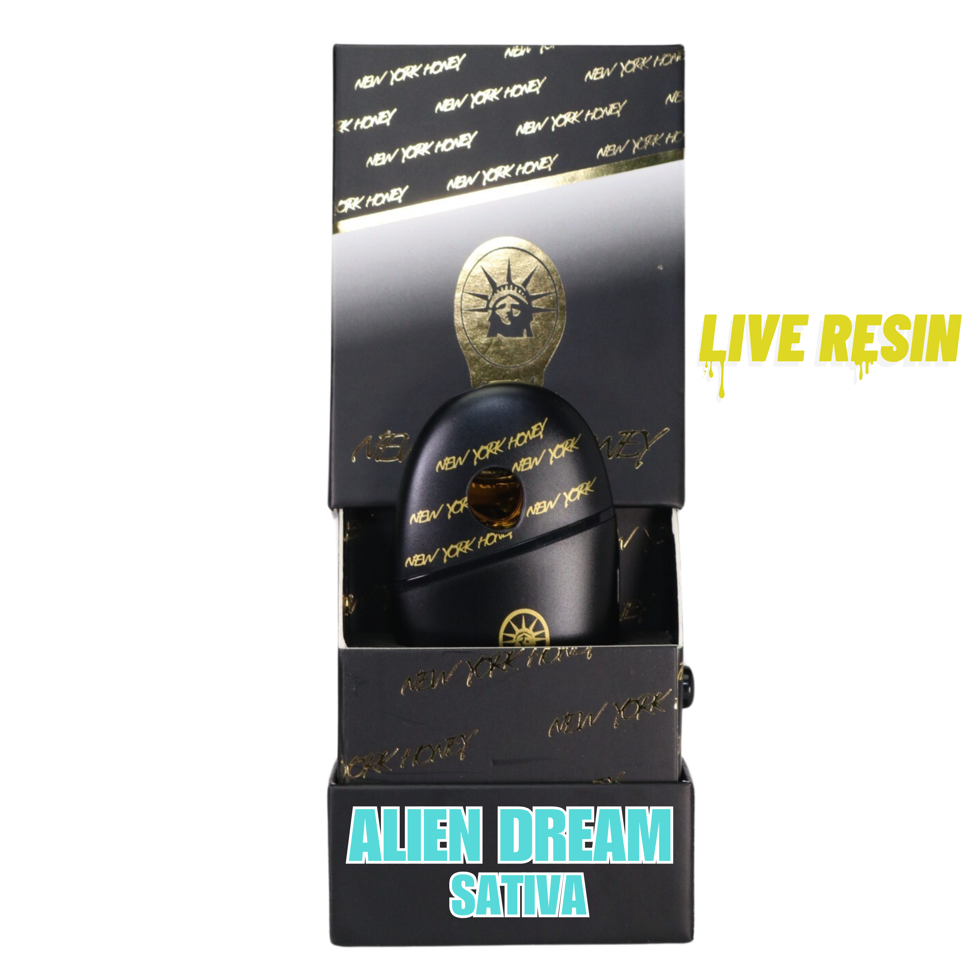 New York Honey 1G Live Resin vape in Alien Dream, a sativa strain. Black and gold design in elegant branded packaging.