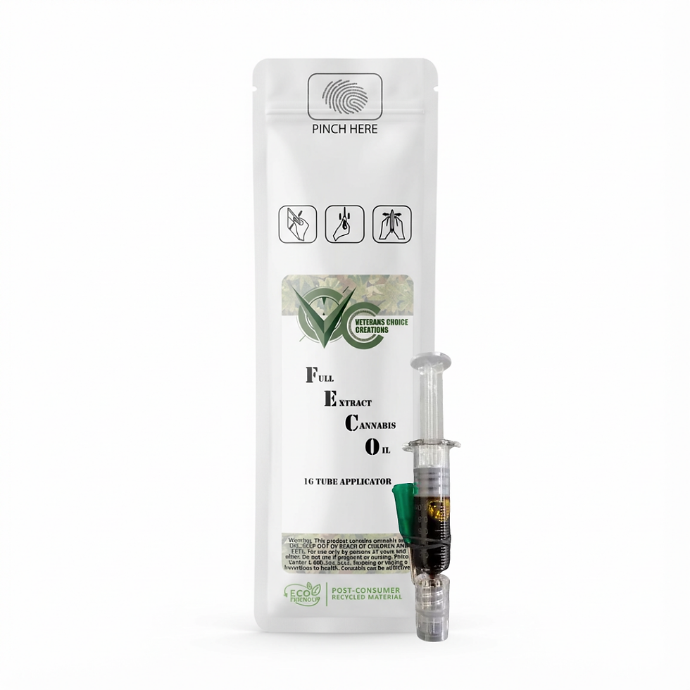 White FECO cannabis oil pouch with syringe applicator, labeled Full Extract Cannabis Oil, 1g tube, Veterans Choice Creations.