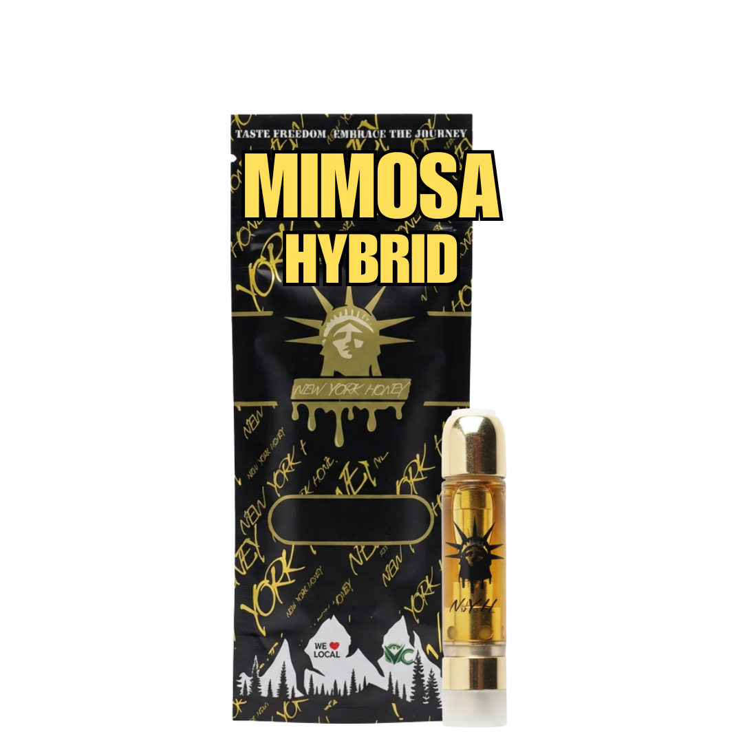 New York Honey Mimosa hybrid 510 vape cartridge shown with branded black and gold packaging