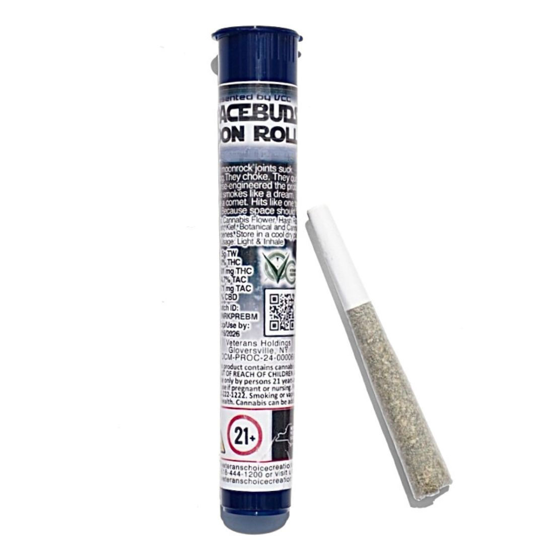 Grape Bubbly Moon Roll pre-roll next to labeled tube, showcasing infused cannabis joint with vibrant strain branding.