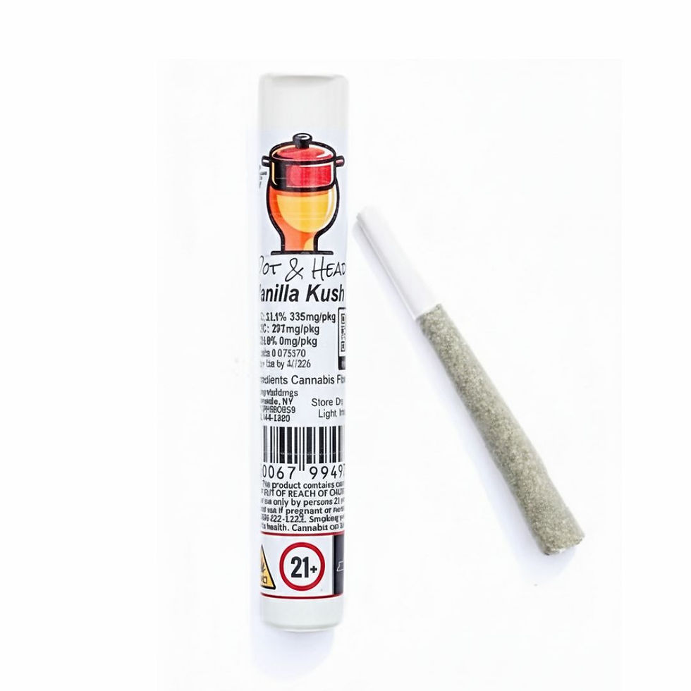 Pot & Head Vanilla Kush 1g pre-roll in a white tube with the Pot & Head pot logo next to the joint on a white background.