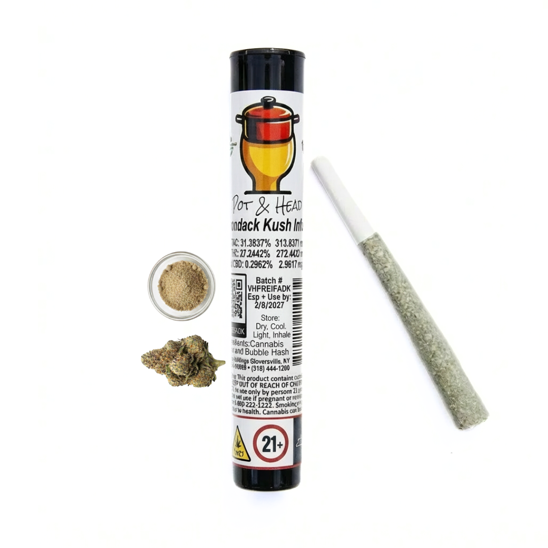 Pot & Head ADK Kush 1G hash infused pre roll with flower, bubble hash, and finished cone on white background