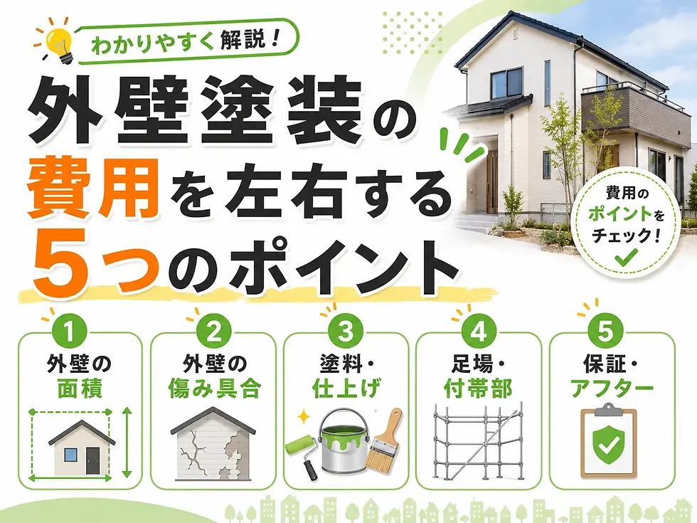 外壁塗装の費用を左右する5つのポイントを解説する日本語の図。住宅写真と、面積・傷み・塗料・足場・保証の5項目を表示。