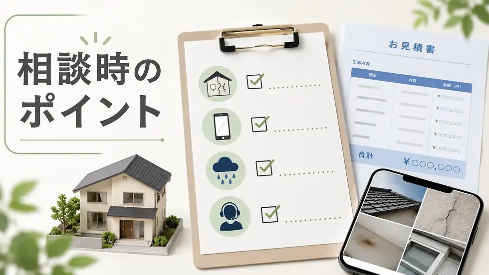 相談時のポイントと書かれた住宅相談の図。家模型、チェックリスト、見積書、スマホの住宅損傷写真が並ぶ明るい背景。