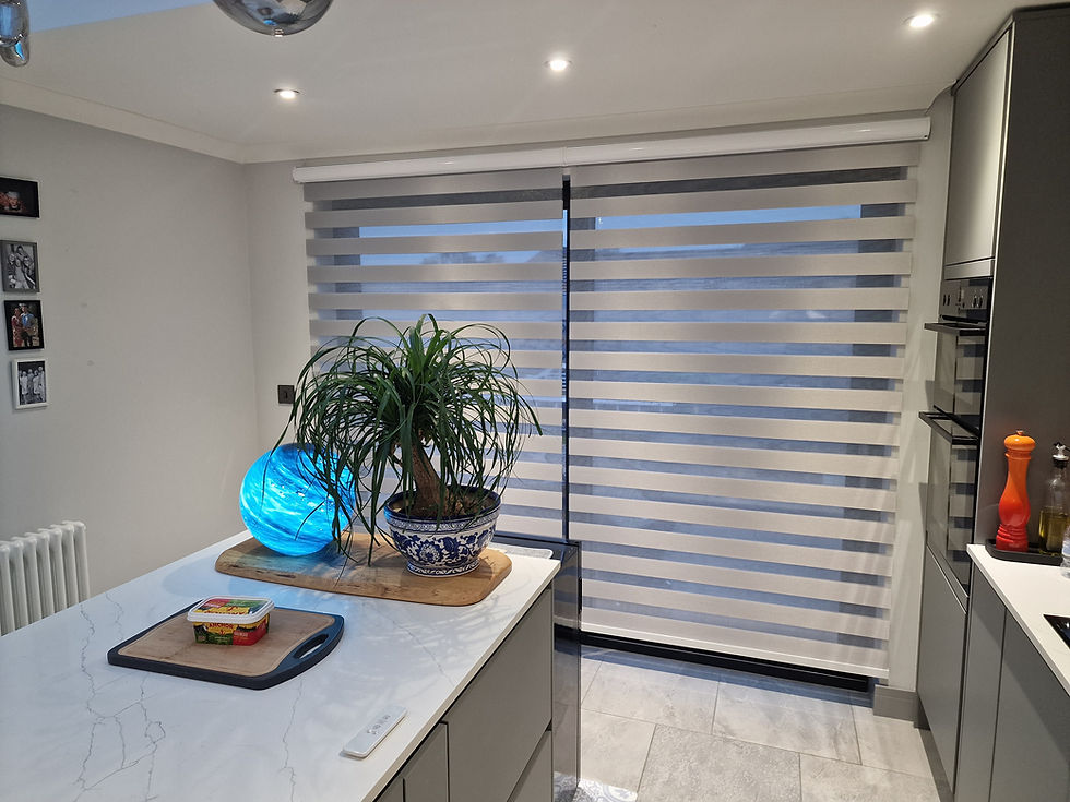Wide angle view of a room with cassette blinds