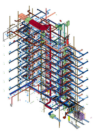 Coordinated Revit MEP model showing building services distribution for prefabricated residential apartments