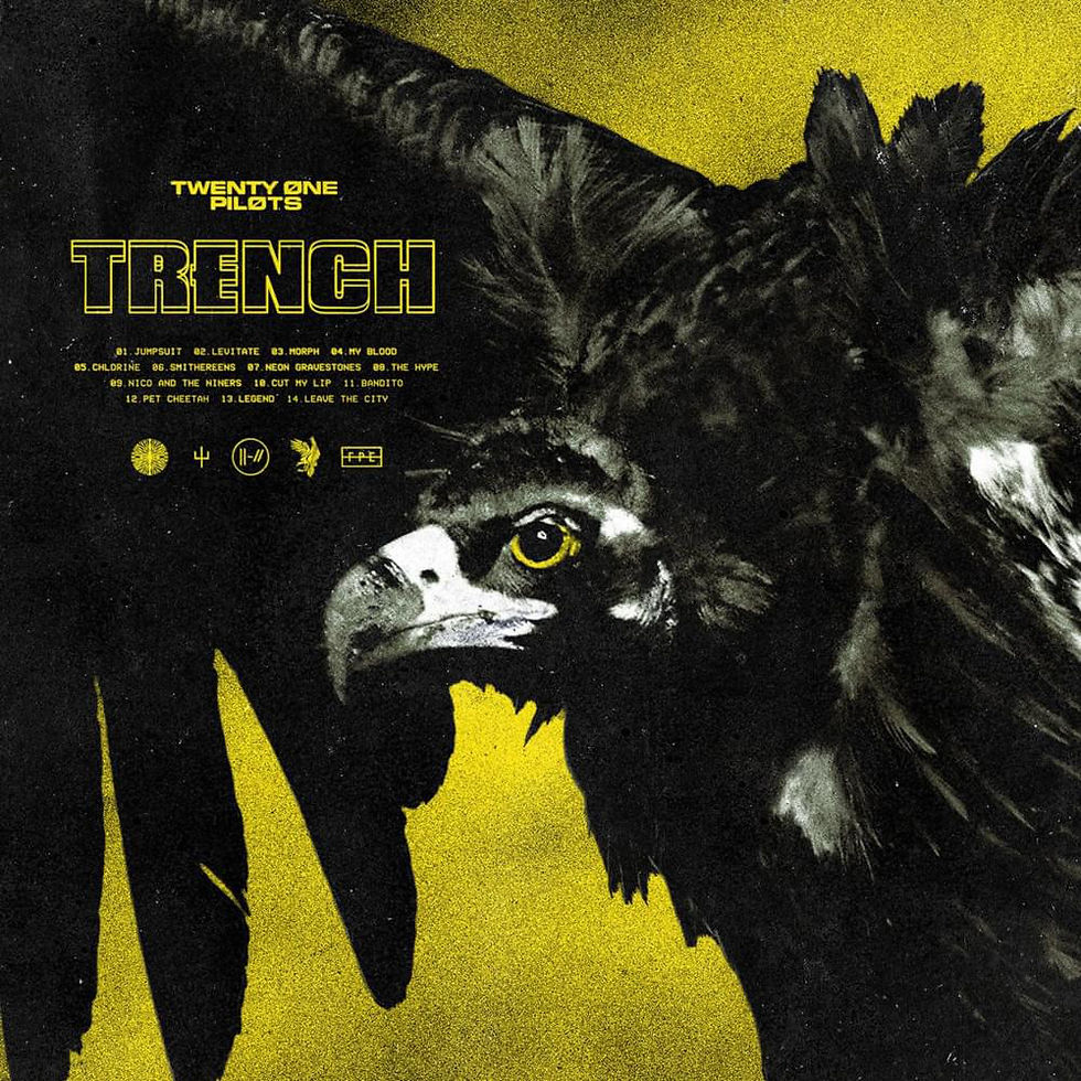 Trench by Twenty One Pilots, album cover with a yellow background and a black and white crow.