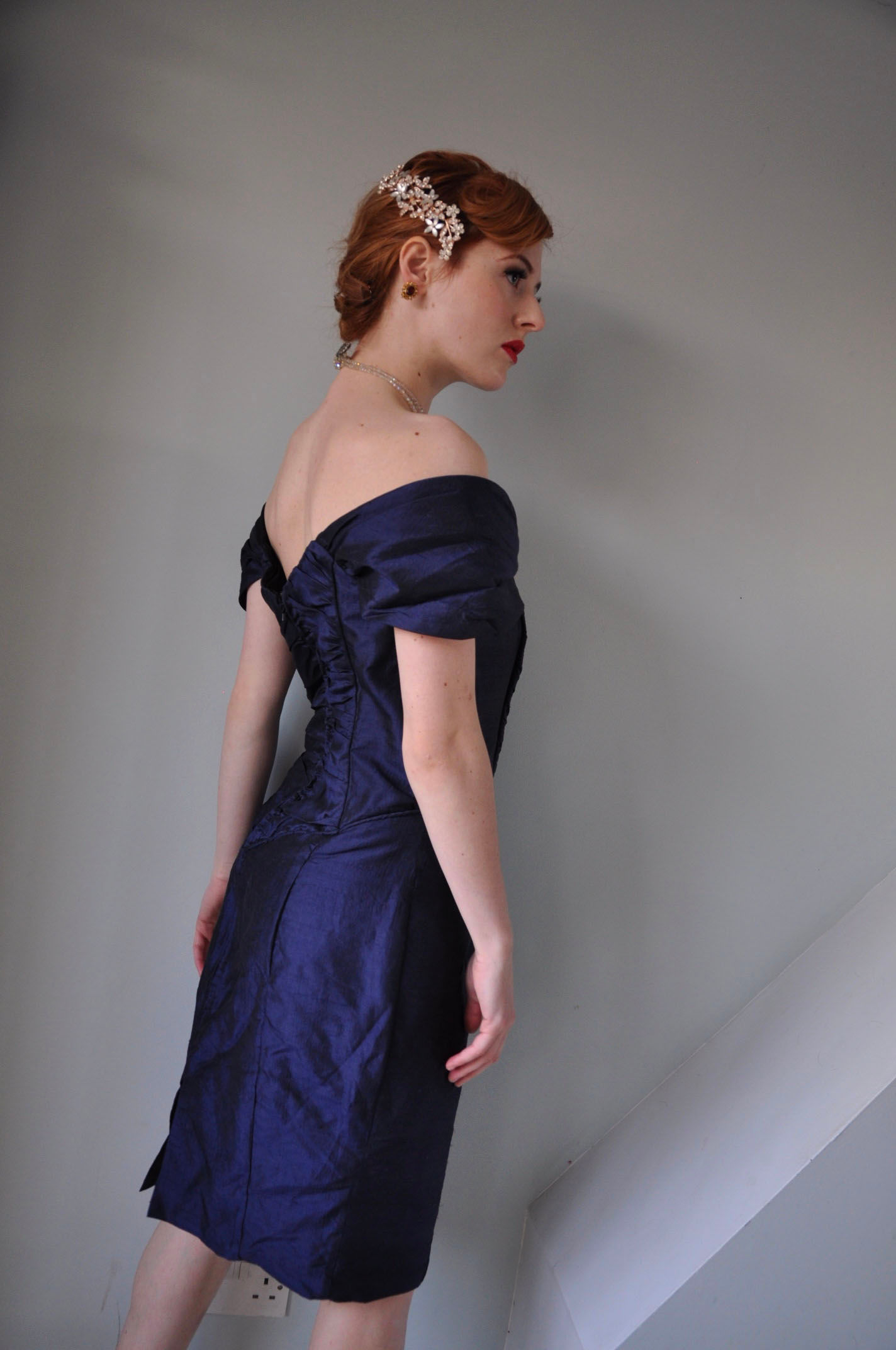 Midnight blue satin evening dress