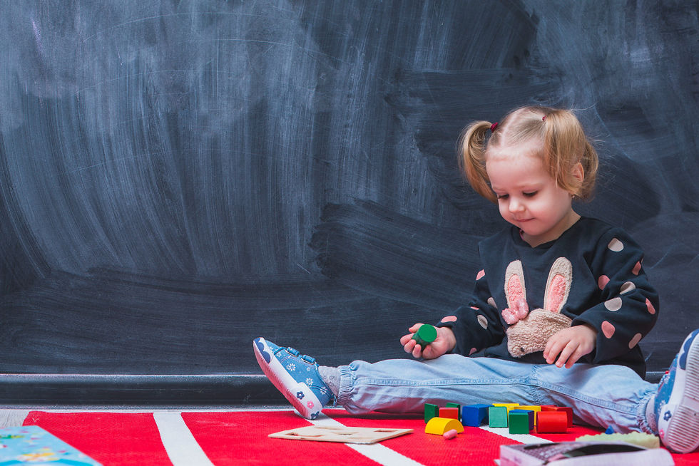 young female toddler sitting down playing with building blocks