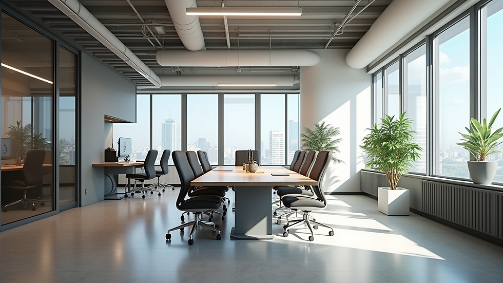 Wide angle view of a modern workspace with innovative design