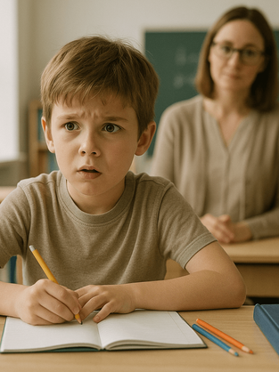 "Criança em sala de aula com expressão de esforço, representando sintomas de Transtorno de Aprendizagem Não Verbal (TANV), observada por uma professora."