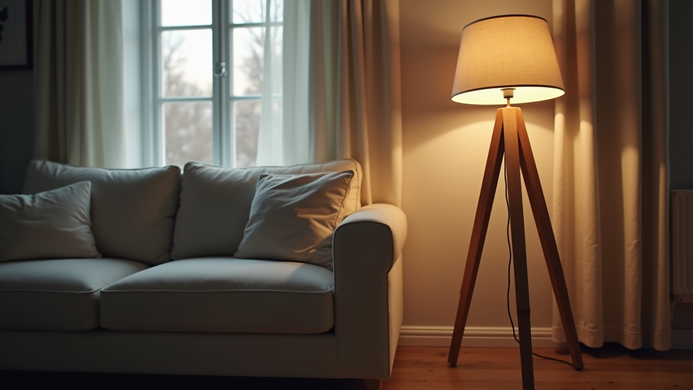 Close-up view of a tripod floor lamp with a fabric shade beside a sofa