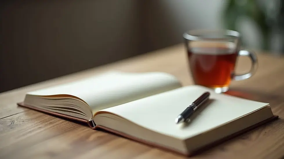 Close-up view of a journal and pen on a wooden table with a cup of tea nearby