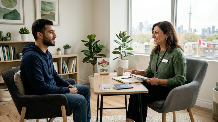 Refugee counselling session in Ontario with a therapist supporting newcomer mental health through IFHP-covered therapy services
