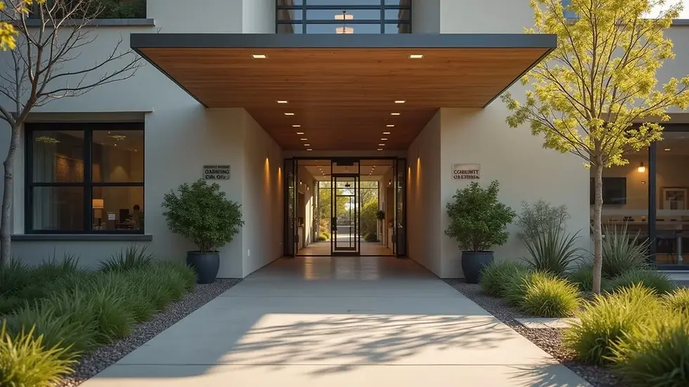 Eye-level view of a community center entrance with welcoming signage