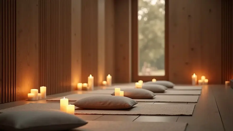 Close-up view of a tranquil meditation space with cushions and candles