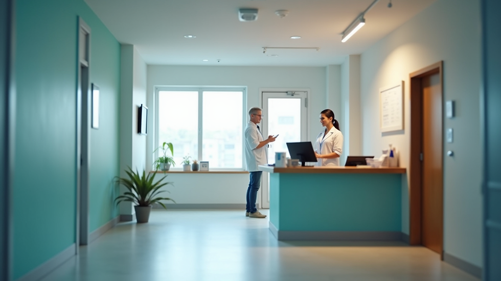 Eye-level view of a medical clinic reception area with a friendly staff member
