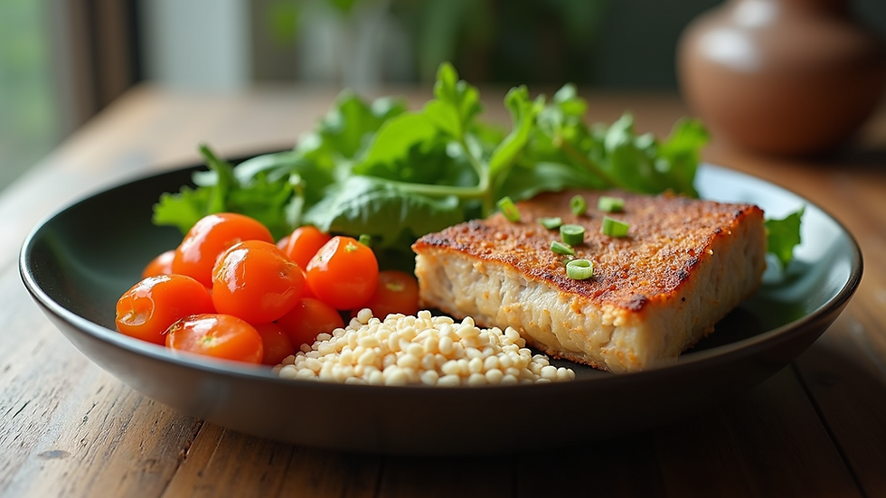 Eye-level view of a balanced plate with vegetables, protein, and grains