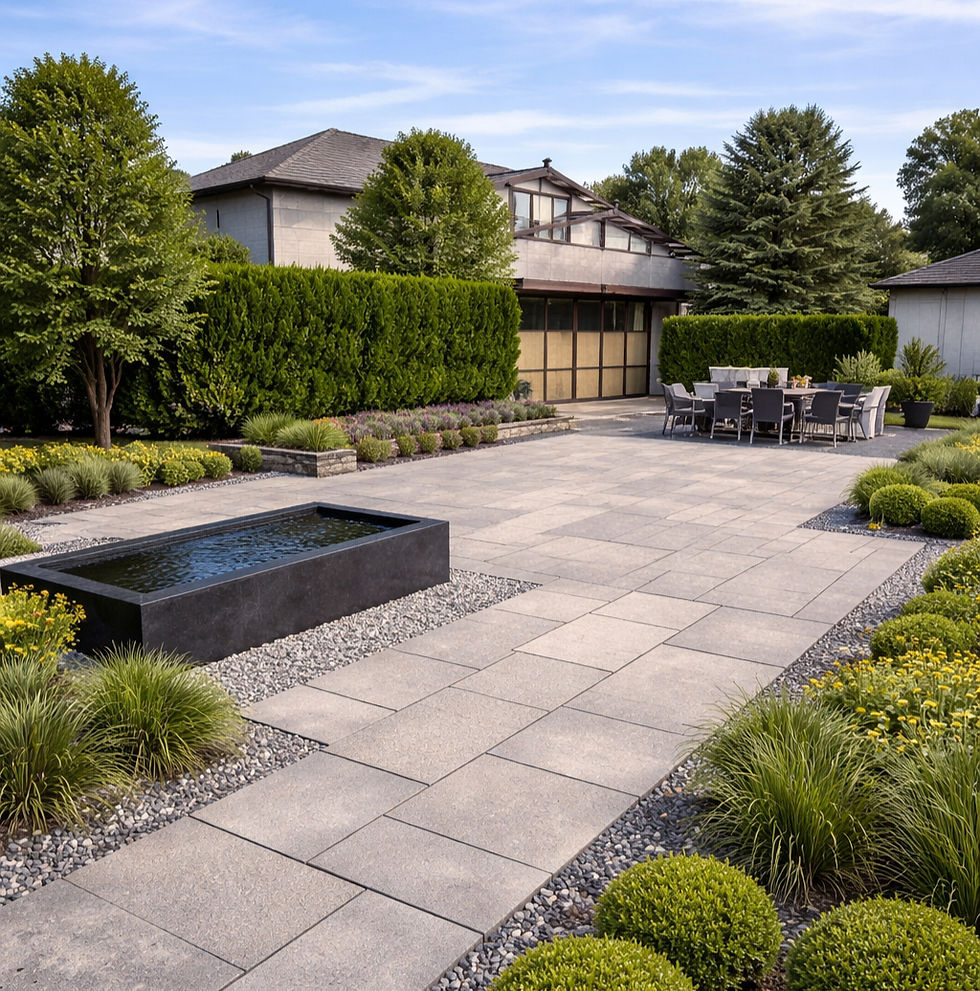 Modern landscape design with clean lines and large stone pavers in Burlington Ontario