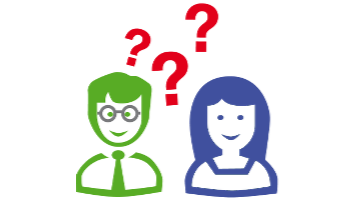 Zwei stilisierte Personen-Icons, eine grün mit Brille, die andere blau. Rote Fragezeichen darüber. Ausdruck von Verwirrung oder Fragen.