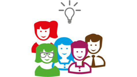 Fünf Comicfiguren, darüber eine erhellende Glühbirne (wie eine Idee)