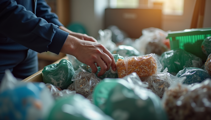 Vue rapprochée d’un professionnel triant des déchets recyclables dans un débarras de maison