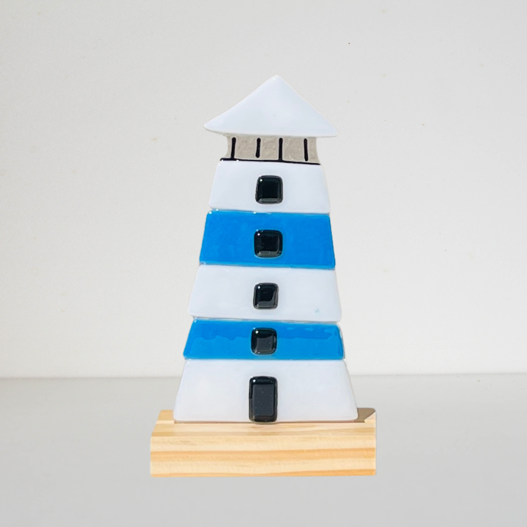 Blue and White Fused Glass Lighthouse