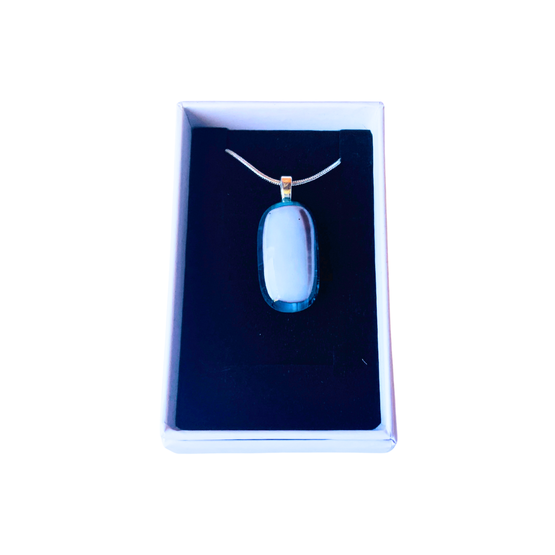 pendant - Bespoke White, Blue & Grey Fused Glass Pendant – 55cm Sterling Silver